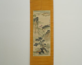 Vintage Japanese Landscape Hanging Scroll – Hand-Painted Sansui Kakejiku – Traditional Ink Wash Mountain Scene– Zen Wall Art