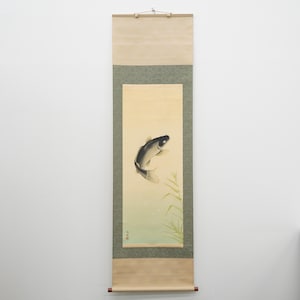 Vintage Japanese Koi Scroll Painting – Hand-Painted Carp Wall Hanging Art, Traditional Hanging Scroll, Japanese Interior Decor