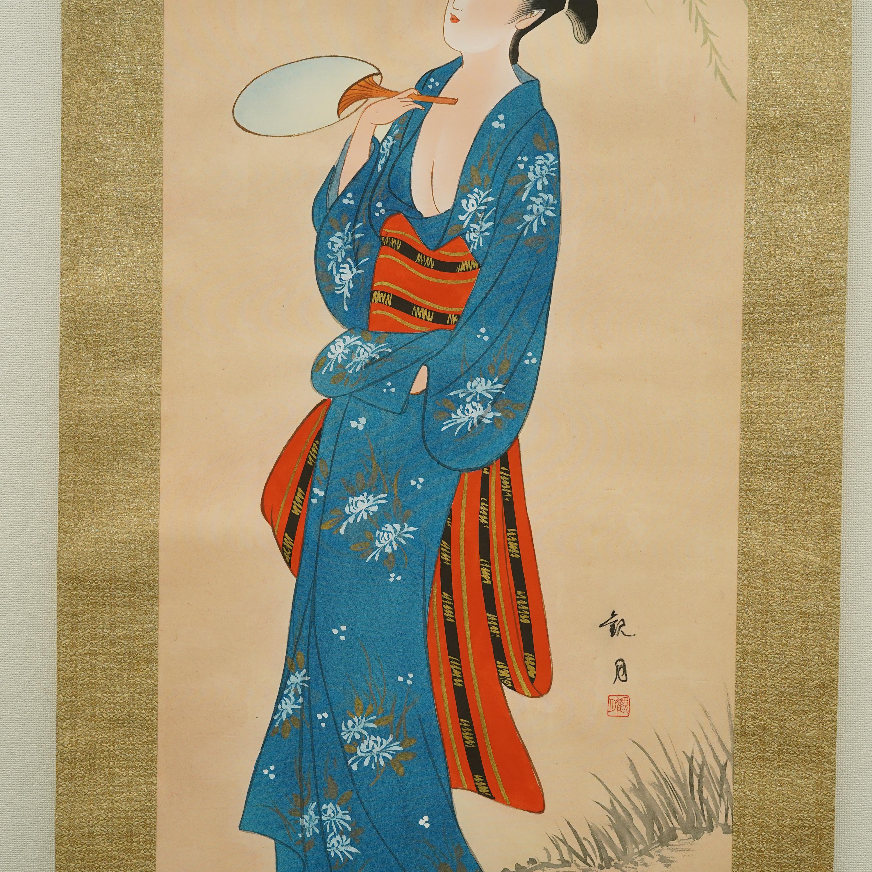 Vintage Japanese Bijin-ga Scroll - Beautiful Woman in Kimono