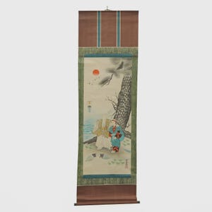 Japanse hangrol met samoerai en koopman | Vintage Nihonga Kakejiku | Schilderij in Edo-stijl | 175 cm