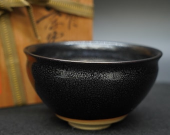 Vintage Japanese Tenmoku Matcha Tea Bowl Chawan, Oil Spot Glaze Tea Ceremony Bowl, Wabi Sabi Handmade Japanese Ceramic with Wooden Box 440g