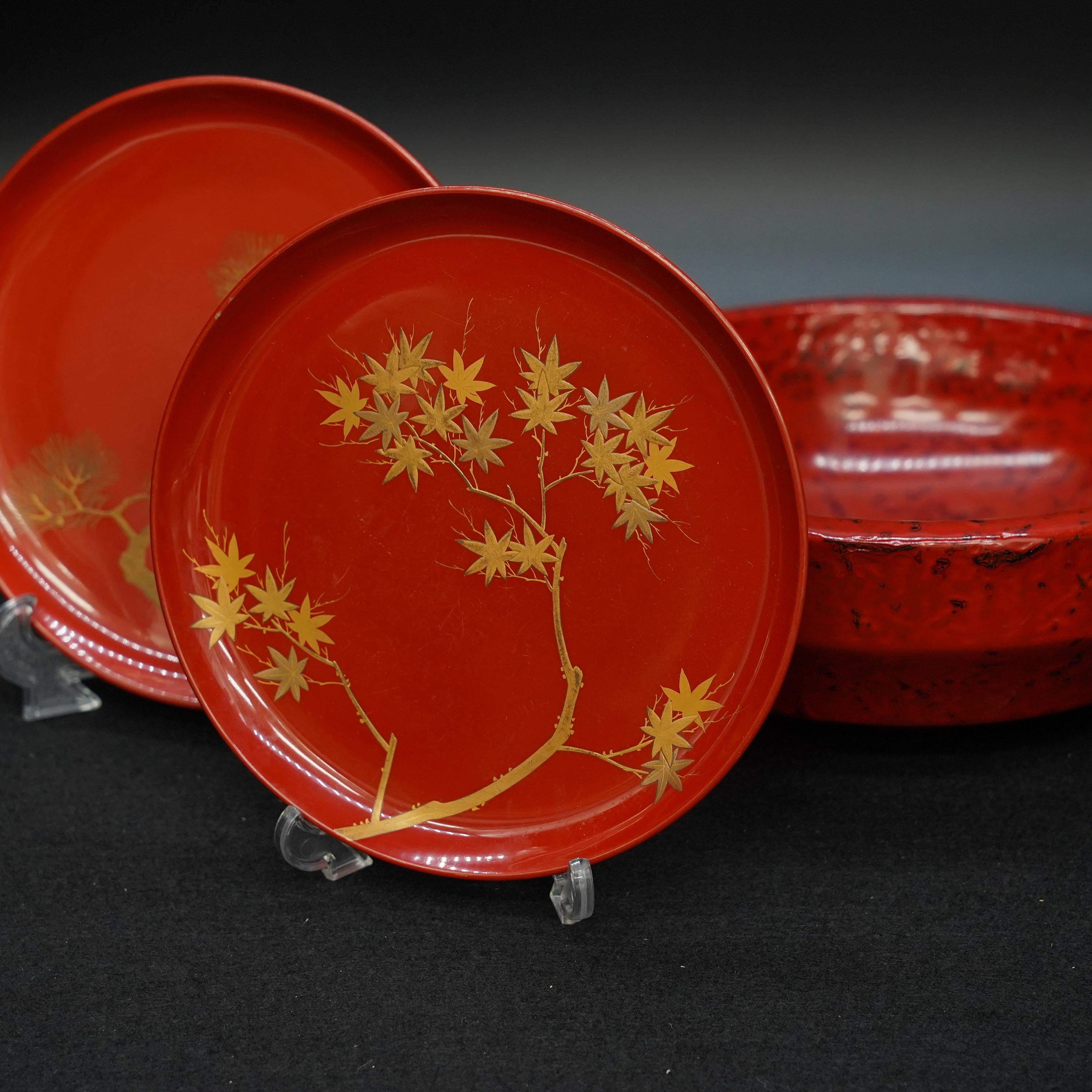 Vintage Japanese Lacquerware Plates Set of 5 | Red Urushi Wood
