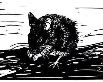May include: Black and white woodcut print of a mouse eating. The mouse is in the center of the image and is facing the left side of the image. The mouse is sitting on a textured surface.