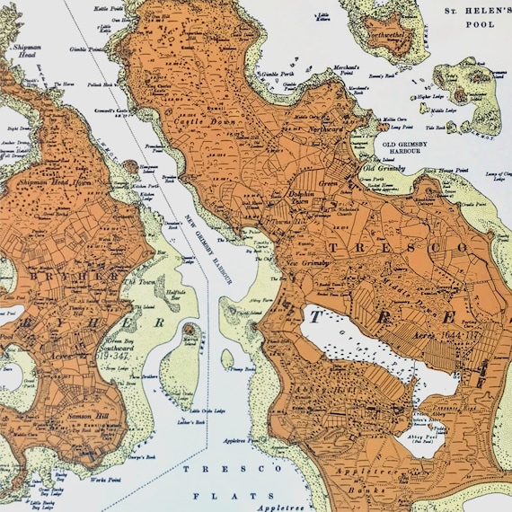 Hand-Printed map of Tresco and Bryher, Isles of Scilly