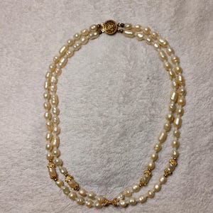 Miriam Haskell Baroque Niki Glass Pearl Necklace Two Strand w/Crystal