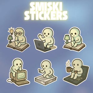 Smiski Studying Sticker Sheet – Cute Glossy Smiski Stickers for Journals, Notebooks, Laptops, Phones, Books – Kawaii Stationery Gift