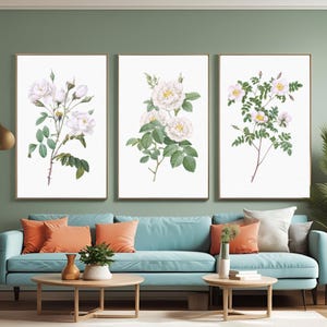 Set of 3 Vintage Floral Wall Art Prints – Botanical Flower Poster Set, Antique Style Digital Download, Rustic Farmhouse, Home Wall Decor