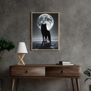 Impressão de lobo e lua, arte de parede de animal místico gerada por IA, pôster digital de vida selvagem para download, decoração para casa com lobo de lua cheia para impressão
