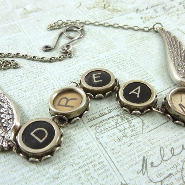 DREAM Typewriter Key Necklace Antique Vintage Repurposed Silver Angel Wings Steampunk