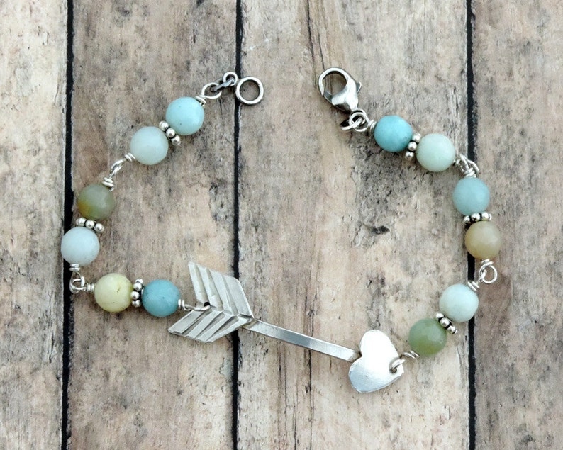 Silver Arrow Bracelet Beaded Bracelet Sterling Silver Bracelet Heart Bracelet Amazonite Bracelet Arrow Jewelry Pastel Bracelet image 2