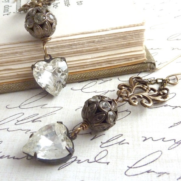 Strass Herz Ohrringe, Valentinstag, Vintage-Stil Antik Messing filigran, Hochzeit Braut Ohrringe