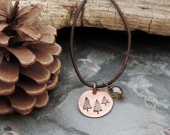 Minimalist Pine Tree Necklace on Leather Cord - Woodland Necklace - Nature Jewelry - Copper Pine Trees Pendant - Hiker Gift - Outdoor Women