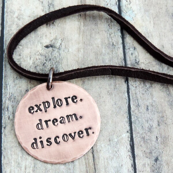 Explore Dream Discover Necklace - Travel Jewelry - Travel Gift - Gift for Traveler - Mark Twain Quote - Stamped Jewelry