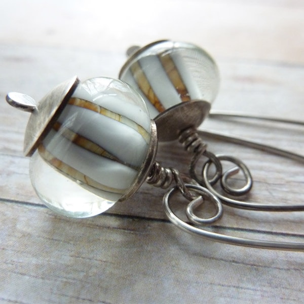 Sterling Silver Drop Earrings Lampwork Beads Natural Color Long Neutral Boho Bohemian Contemporary