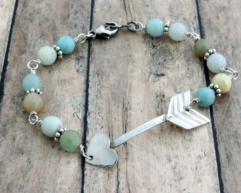 Silver Arrow Bracelet Beaded Bracelet Sterling Silver Bracelet Heart Bracelet Amazonite Bracelet Arrow Jewelry Pastel Bracelet image 1