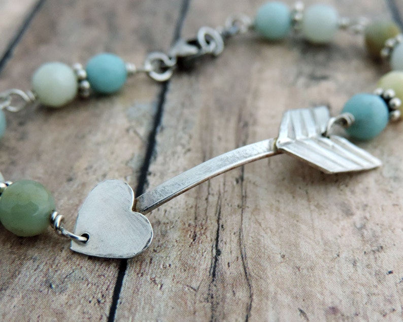 Silver Arrow Bracelet Beaded Bracelet Sterling Silver Bracelet Heart Bracelet Amazonite Bracelet Arrow Jewelry Pastel Bracelet image 3