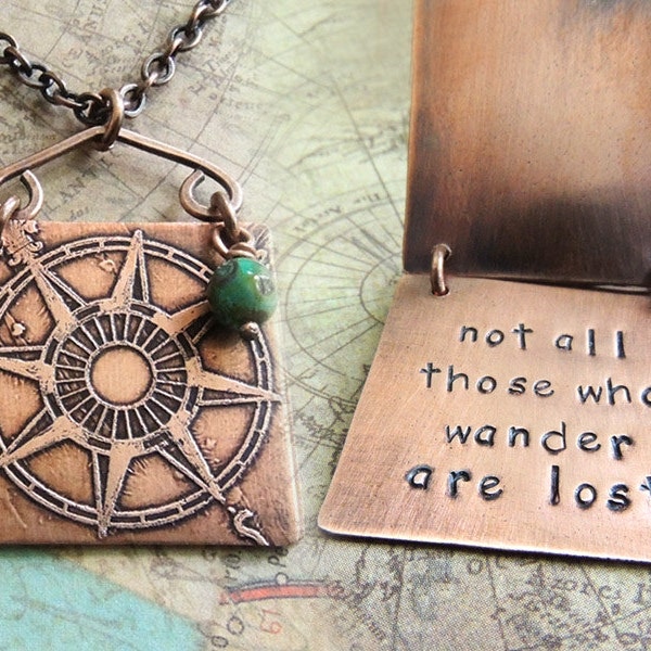 Not All Those Who Wander Are Lost Necklace - Etched Compass Rose - Double Layered Necklace - Wanderlust Travel Jewelry - Tolkien Quote
