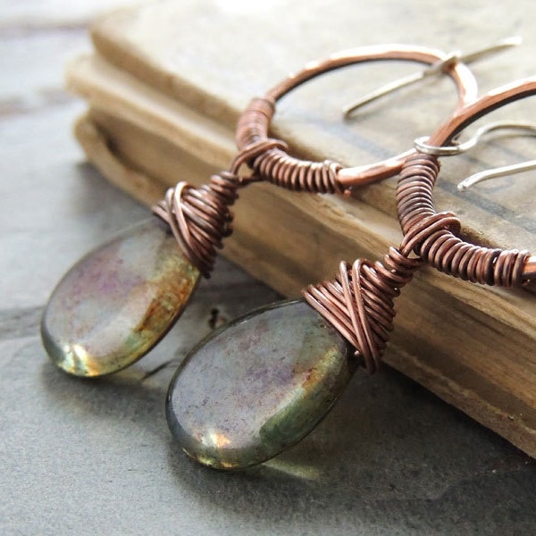 Copper Boho Earrings, Wire Wrapped Green Luster Czech Teardrops, Rustic Jewelry, Bohemian Earrings