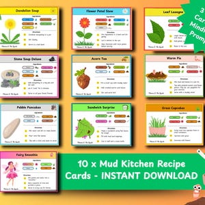 May include: Ten illustrated recipe cards for a mud kitchen, including recipes for dishes such as Dandelion Soup and Fairy Smoothie. The cards have a bright, playful design and come with bonus cards featuring mindfulness prompts.