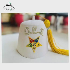 OES Fez Hat - Half White With Yellow Tassel OES Fez Hat – creamy White with Yellow Tassel & Rhinestone Letters | Order of the Eastern Star