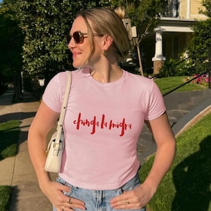 Chinga la Migra women&#39;s baby tee, Mexican pride shirt, Spanish text embroidered crop top, F ICE resistance clothing for women and girls