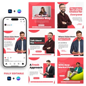 May include: A collection of social media posts with a red and white color scheme. The posts feature images of people, text, and the Canva and Photoshop logos. The text includes phrases like "The Best Business Way" and "Where Vision Meets Opportunity."