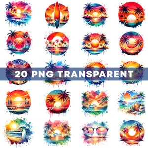 Watercolor Tropical Sunset PNG: Beach Vibes Clipart (Digital Download)