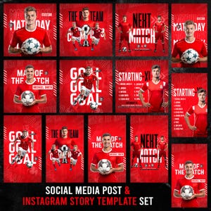 Puede incluir: Un conjunto de plantillas para publicaciones en redes sociales e historias de Instagram con temática de fútbol, en rojo y blanco. Los diseños incluyen jugadores, balones de fútbol y textos como "Matchday", "Next Match" y "Goal". Ideal para contenido deportivo.