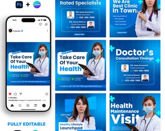 Medical Social Media Post Template Bundle | Canva and PSD Template | Healthcare Instagram Post | Clinic Marketing Design Pack
