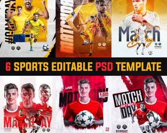 6 Pack Sports Instagram Post Templates PSD: Customizable Photoshop Design (Digital Download)