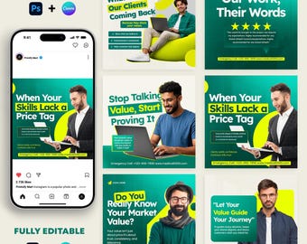 Business Social Media PSD & Canva Templates Bundle | Editable Instagram Post Pack. Perfect for Entrepreneurs, Agencies and Digital Marketers