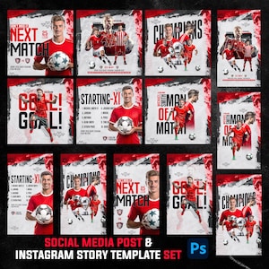 Pode incluir: Um conjunto de modelos de posts de mídia social e histórias do Instagram com tema de futebol, em vermelho e branco. Os designs incluem jogadores de futebol, bolas e texto como "Next Match", "Champions" e "Goal!"