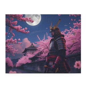 Samurai Moonlight Puzzle - 120/252/500-Piece, Cherry Blossom Art, Japanese Decor, Gift for Puzzle Lovers, Relaxing Night Activity, [...]