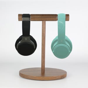 Dual WALNUT HEADPHONE STAND For Two Over-Ear Sets – Natural Wood Headset Holder For Gaming, Office, Music – Eco Friendly Gift Idea