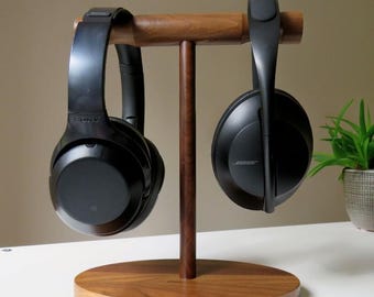 Dual Walnut Headphone Stand – Natural Wood Headset Holder