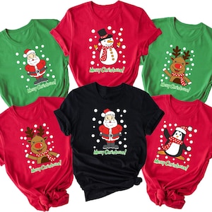 Christmas Family T-Shirts: Santa, Reindeer, Snowman, Penguin Cotton Crew