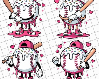 Valentines Pink Baseball Drip PNG Bundle Retro Game Day Designs Ice Cream Drip Png Baseball Game Day Png Digital Download preppy valentine
