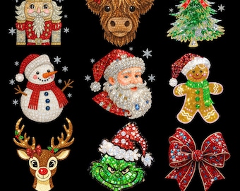 Puede incluir: Una colección de diseños navideños, que incluyen un cascanueces, una vaca de las Tierras Altas, un árbol de Navidad, un muñeco de nieve, Papá Noel, un hombre de jengibre, un reno, el Grinch y un lazo. Cada diseño está adornado con detalles brillantes sobre un fondo negro. El texto "PNG SUBMLIMATION FILES" está en la parte inferior.