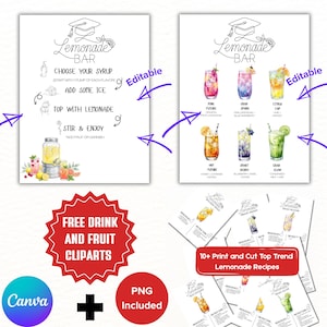 Può includere: Due cartelli stampabili per bar di limonata con istruzioni e ricette di bevande. I cartelli presentano illustrazioni ad acquerello di bevande alla limonata e ingredienti. Include un'esplosione rossa con il testo "FREE DRINK AND FRUIT CLIPARTS".