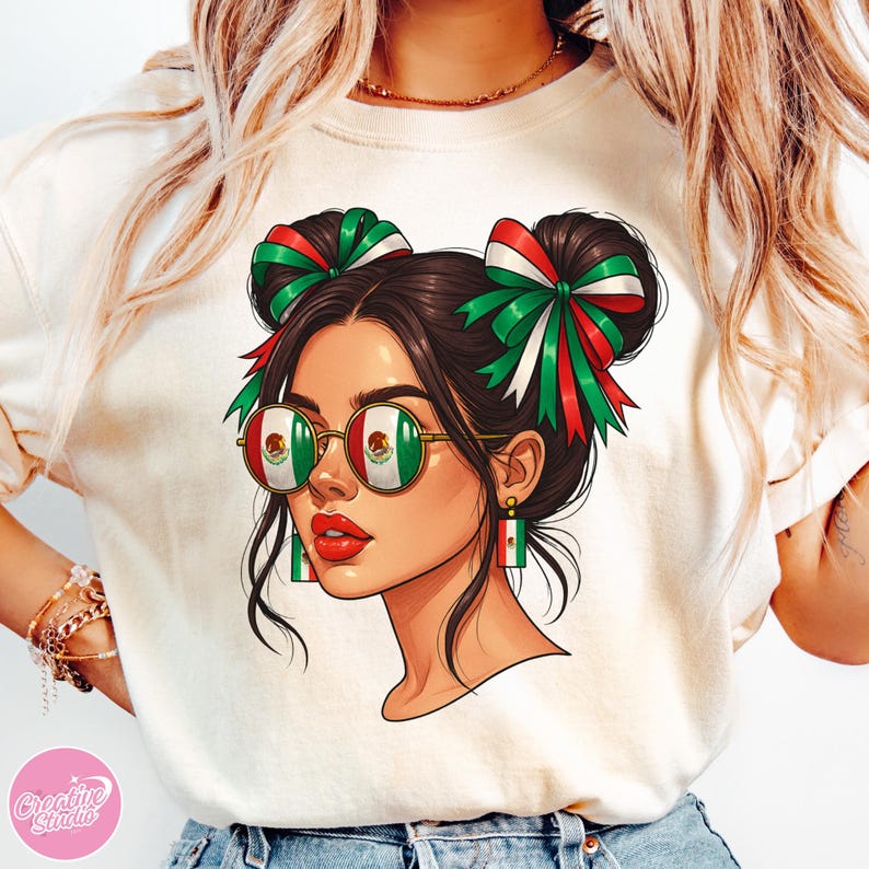 May include: Illustration of a woman with dark hair styled in space buns, adorned with green, white, and red ribbons. She wears round glasses with the Mexican flag design and matching earrings. The image has a festive, patriotic theme.