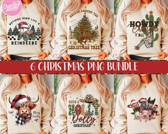 May include: A collection of six beige Christmas-themed sweatshirts. Each sweatshirt features a unique graphic, including a tractor with a Santa hat, a Christmas tree with a cowboy, and a cactus with a cowboy. The text "6 CHRISTMAS PNG BUNDLE" is displayed.