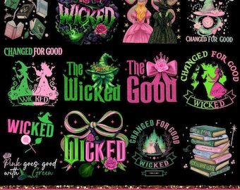 12 designer Wicked PNG-paket, Wicked Change For Good Png, Wicked Rosa och Grön Png, Trollkarlsmusikal Png, Coquette Wicked digital nedladdning