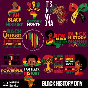 Peut inclure: Une collection de 12 motifs pour la Journée de l'histoire des Noirs sur fond violet foncé. Les motifs comprennent des textes tels que "I am Black History", "Black History Month" et "It's in my DNA", ainsi que des illustrations du continent africain et de figures noires.