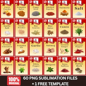 May include: A selection of spice labels, including turmeric, cumin, and Italian herb. The labels are red and white, with the text "Spice Girls" at the top. The image also includes text that reads "60 PNG SUBLIMATION FILES + 1 FREE TEMPLATE."