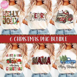 Puede incluir: Seis camisetas color crema con diseños navideños. Los diseños incluyen textos como "Holly Jolly", "Merry Christmas" y "Just a Girl who loves Christmas". También es visible la frase "6 Christmas PNG Bundle".
