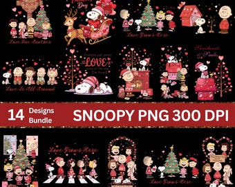 May include: A digital bundle of 14 Snoopy and Peanuts character designs featuring Valentine's Day and holiday themes with hearts, Christmas trees, and text like Love One Another, Love Grows Here, and Sweethearts & Smiles on a black background.