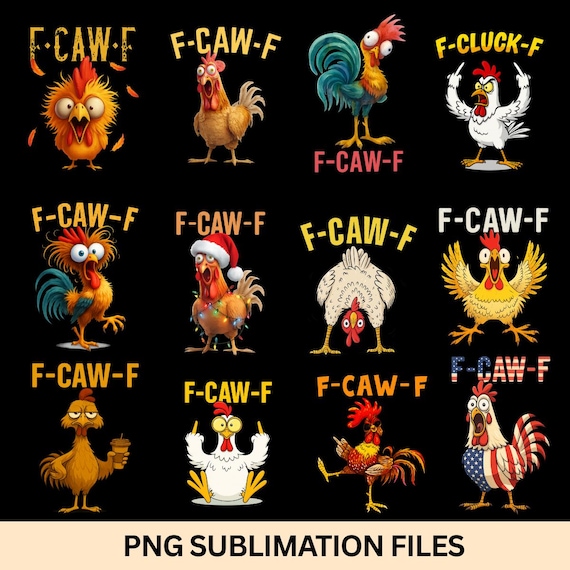 Trendy Funny F-Caw-F Chicken Bundle PNG Funny Screaming Chicken PNG Meme Farm Animal Png F-CAW-F Meme F-Caw-F Chicken Rooster Meme Clipart