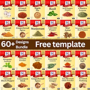May include: A selection of Spice Girls spice labels, showcasing ingredients such as garlic, basil, and cinnamon sticks. The image includes the text "60+ Designs Bundle" and "Free template".