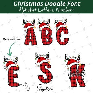 May include: A festive Christmas Doodle Font featuring alphabet letters in a red and black plaid design. Each letter, including A, B, C, E, S, and K, is decorated with a Santa hat, reindeer antlers, and fairy lights. The image also includes names below some letters.