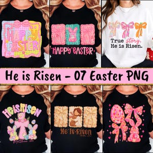 May include: A collection of Easter-themed t-shirts and a sweatshirt. The shirts are black, featuring colorful graphics with text like "Happy Easter" and "He is Risen." The sweatshirt is white with pastel bows and the text "True story. He is Risen."